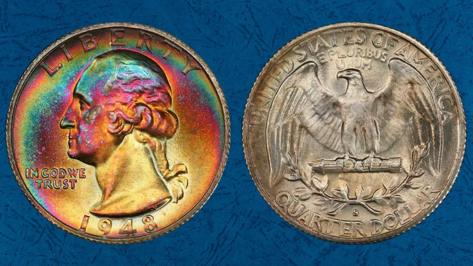 1948 Washington Quarter comparison: standard S mint mark (left) vs the dramatic 1948-S/S RPM FS-501 quadrupled mint mark (right)