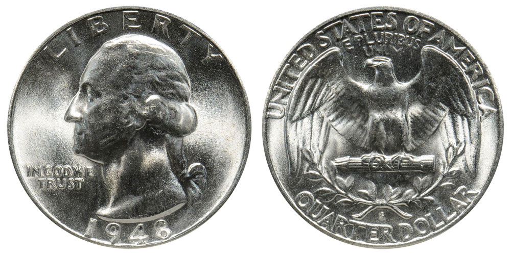 1948-S Washington Quarter Prooflike example showing mirror-like reflective fields contrasting with frosted raised devices