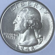 1948 Washington Quarter off-center strike error showing design shifted with blank crescent and visible date