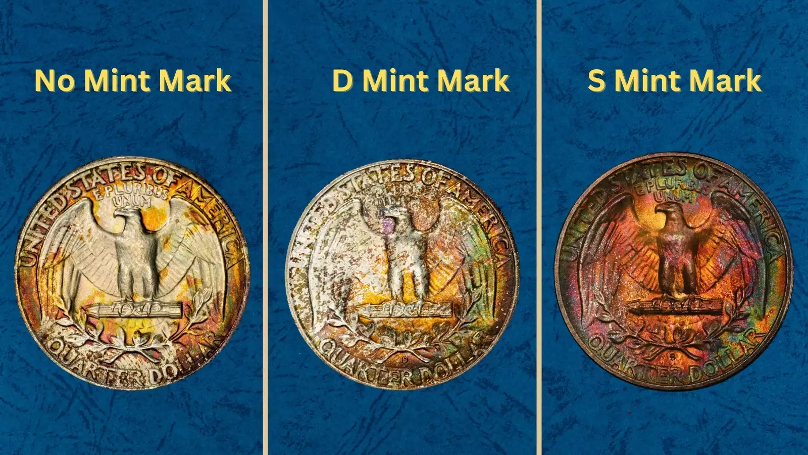 Historical group shot of 1948 Washington Quarters from all three mints showing typical circulated and uncirculated specimens