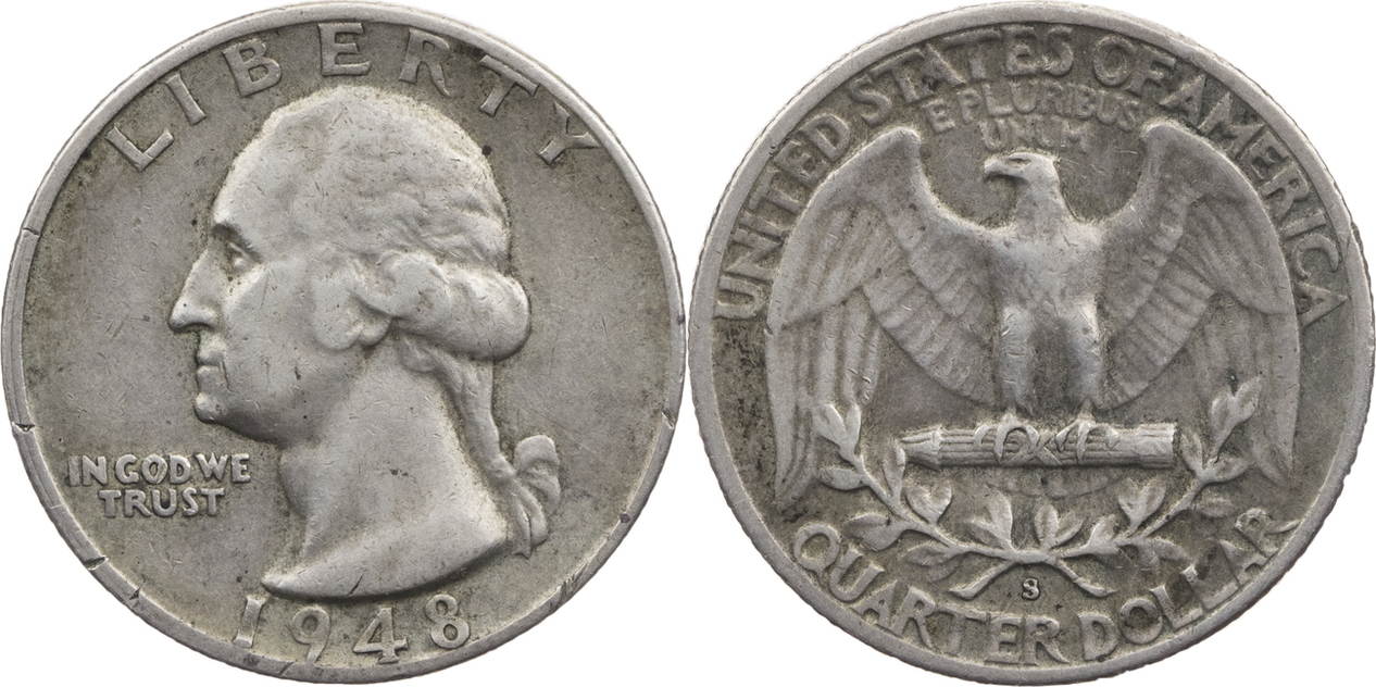 1948 Washington Quarter grading strip showing four condition tiers: Worn, Circulated, Uncirculated, and Gem Mint State side by side